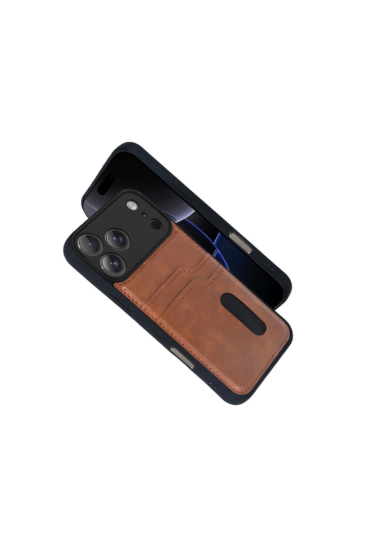 iPhone 17 Pro Kılıf Kamera Korumalı Deri Kartlıklı Cüzdan Sara Kapak - Taba